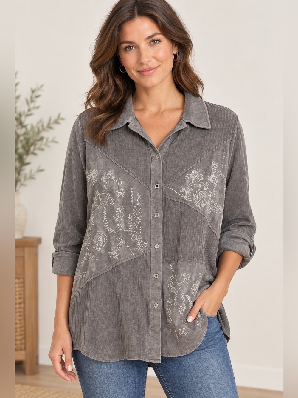 Venezia Gray Embroidered Panel Button-Front Velour Top Size Large